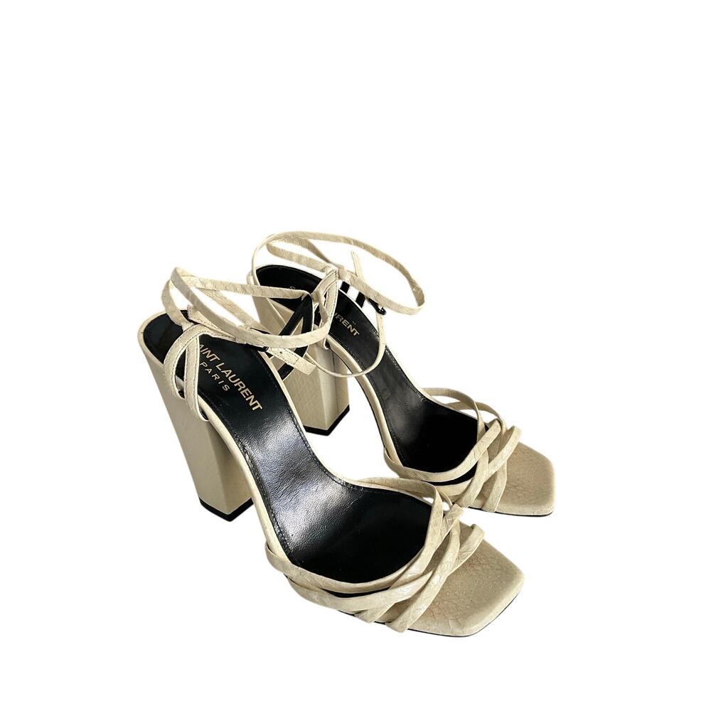 SAINT LAURENT Oak 100mm Block-heel Strappy Leather Sandals In ivory